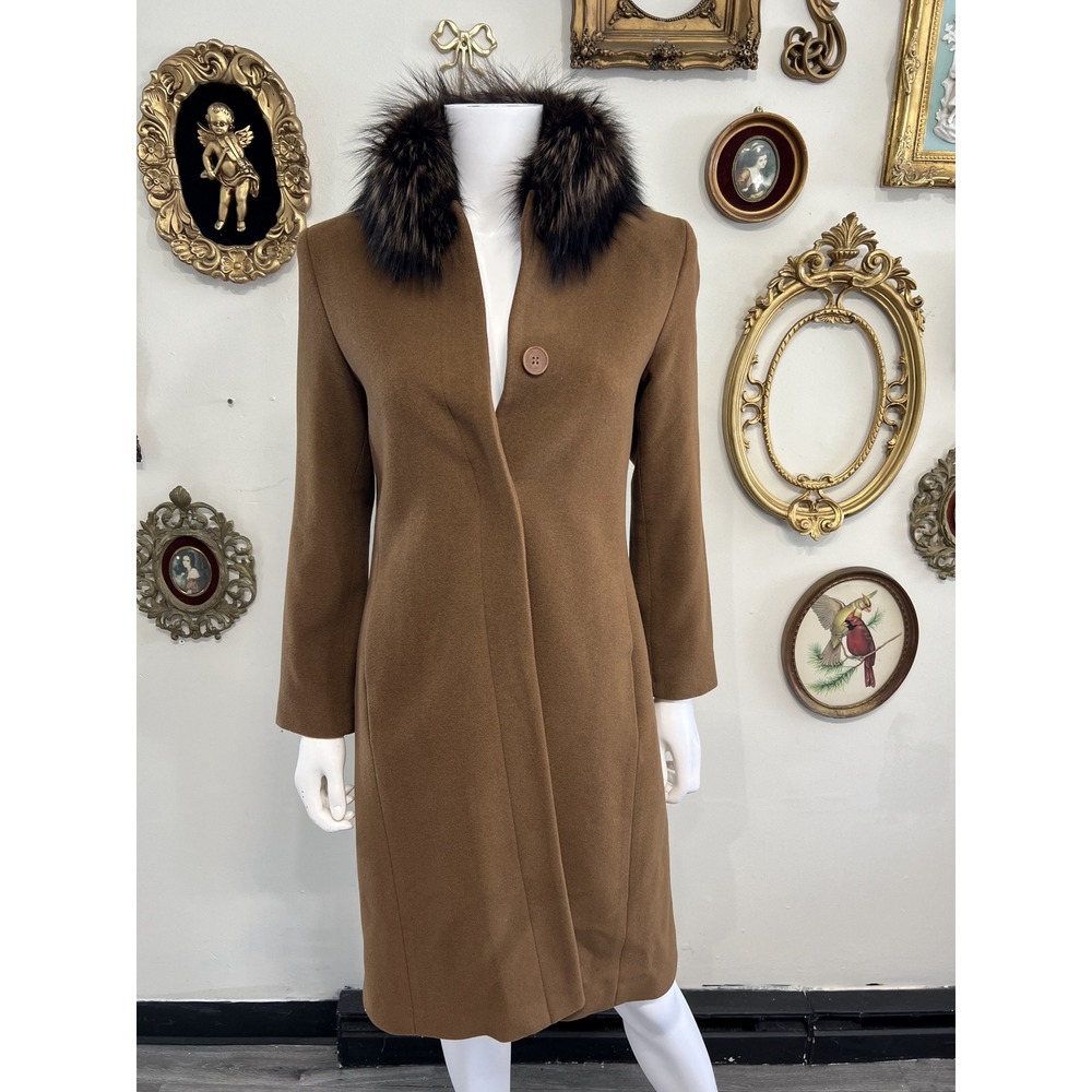 Vintage Linda Richards Camel Brown Wool Long Coat with Real Fur Collar Size O/S